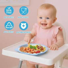 2er Set Silikon-Kinderteller mit Edelstahl-Einsatz & 2 Babylöffel & 2 Gabeln, Blau/ Rosa