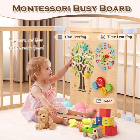 Omybaby Premium Baby-Laufstall aus Holz mit Montessori-Aktivitäten & magnetischem Whiteboard