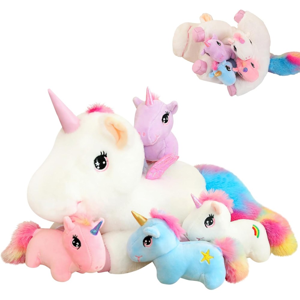 Einhorn Plüschtier mit 4 Babys, Rainbow