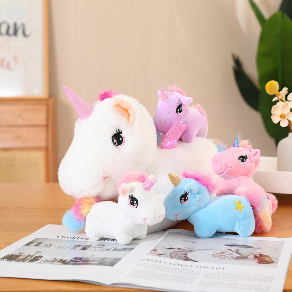 Einhorn Plüschtier mit 4 Babys, Rainbow