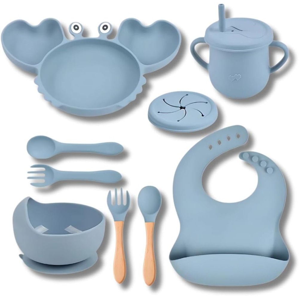 9-teiliges Silikon-Fütterungsset - Teller, Becher und Besteck, Blau