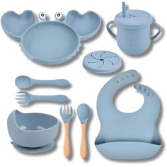 9-teiliges Silikon-Fütterungsset - Teller, Becher und Besteck, Blau