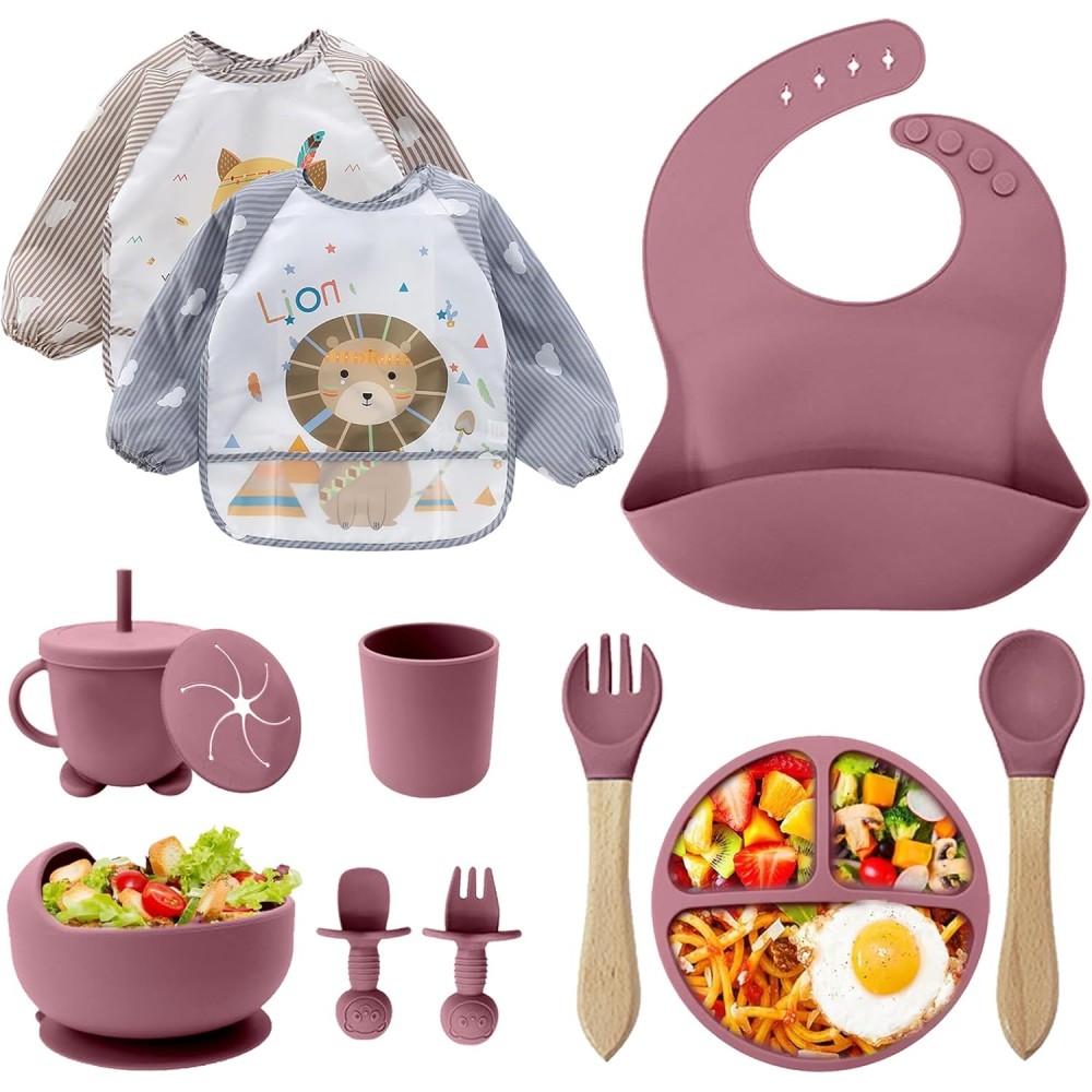 12-teiliges Silikon-Fütterungsset - Teller, Becher und Besteck, Pink