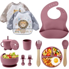 12-teiliges Silikon-Fütterungsset - Teller, Becher und Besteck, Pink