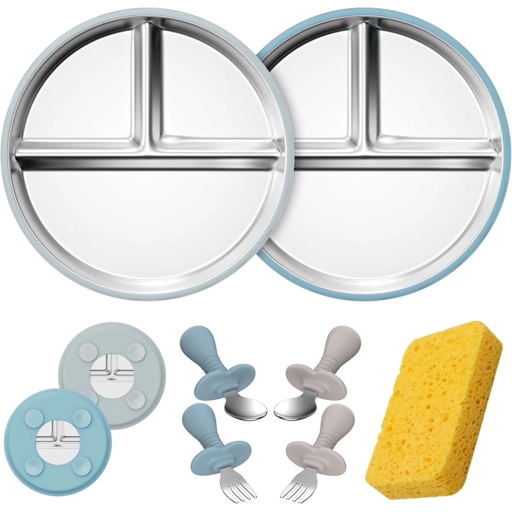 copie de 2 plaques pour enfants en silicone avec une utilisation en acier inoxydable et 2 fourchettes de bébé et 2 fourches, Oat