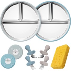 copie de 2 plaques pour enfants en silicone avec une utilisation en acier inoxydable et 2 fourchettes de bébé et 2 fourches, Oat