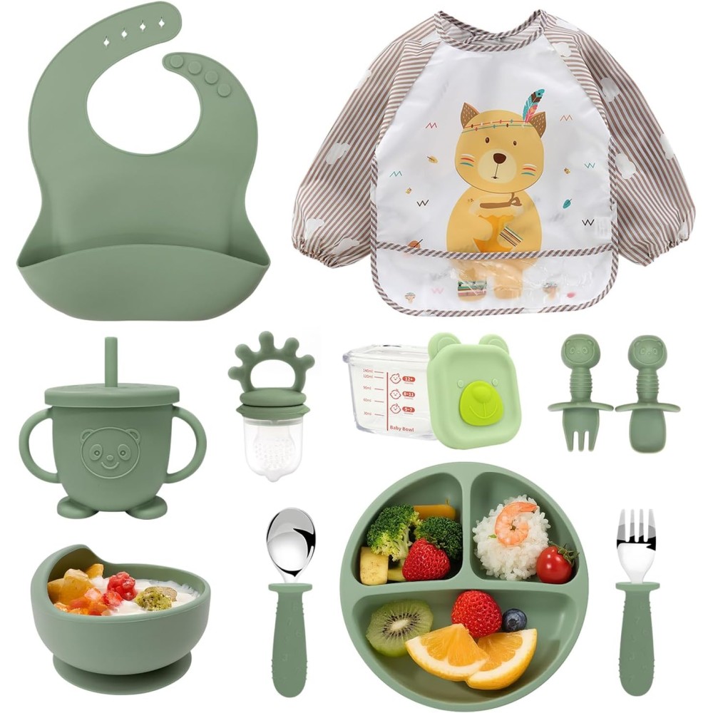 12-teiliges Silikon-Fütterungsset - Teller, Becher und Besteck, Grün