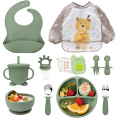 12-teiliges Silikon-Fütterungsset - Teller, Becher und Besteck, Grün
