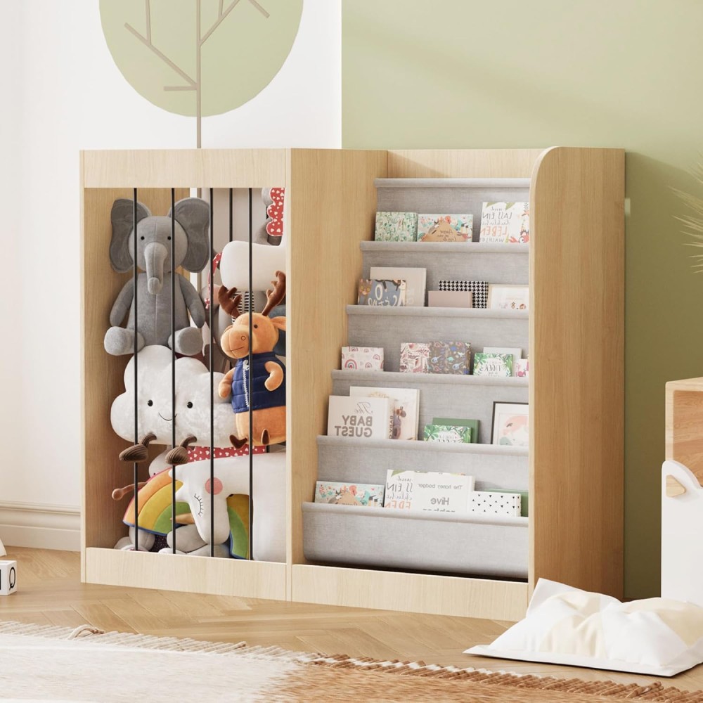 Kinder Bücherregal mit Spielzeug Aufbewahrung Netz, Naturholz