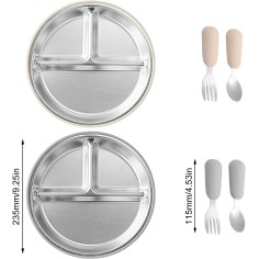 copie de 2 plaques pour enfants en silicone avec une utilisation en acier inoxydable et 2 fourchettes de bébé et 2 fourches, Oat
