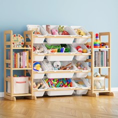 Kinder Spielzeugregal mit 12 Boxen aus Holz – Spielzeug Organizer mit Bücherregal