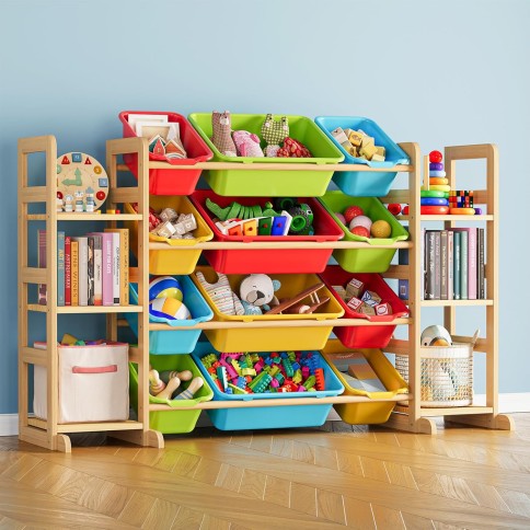 Kinder Spielzeugregal mit 12 Boxen aus Holz – Spielzeug Organizer mit Bücherregal, farbig