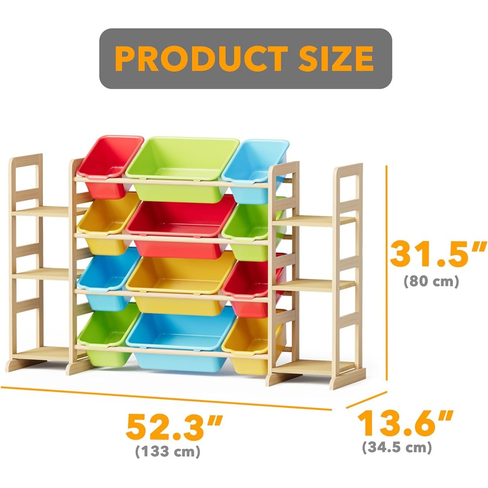 Kinder Spielzeugregal mit 12 Boxen aus Holz – Spielzeug Organizer mit Bücherregal, farbig