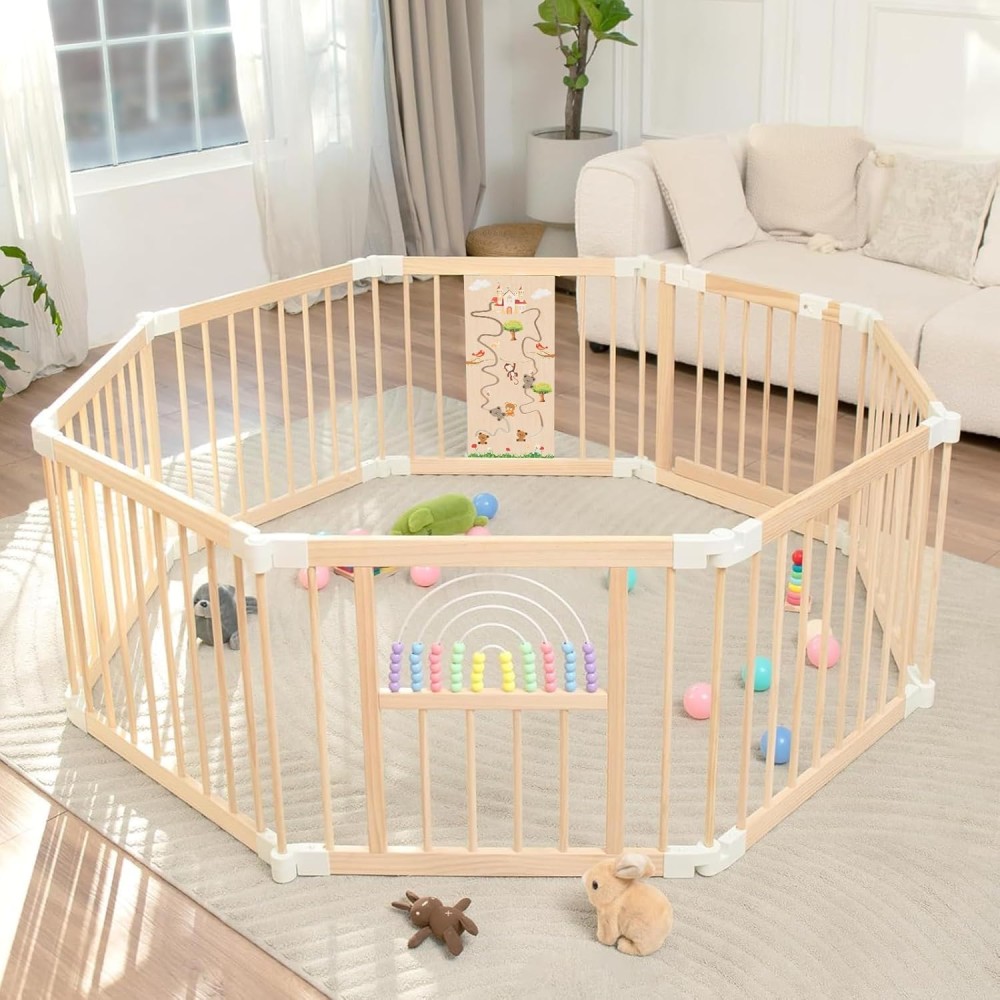Laufstall Baby Holz mit Spielcenter, Regenbogen – 146 x 146 x 61 cm