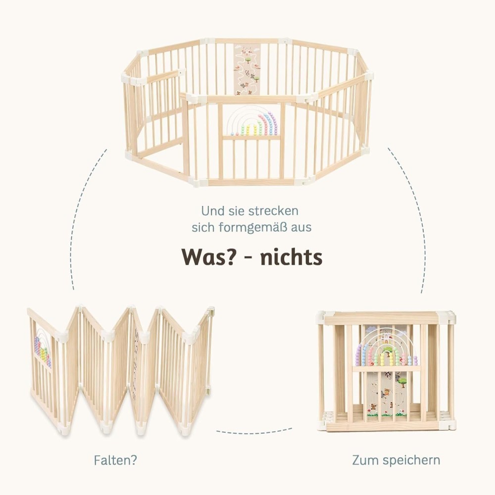Laufstall Baby Holz mit Spielcenter, Regenbogen – 146 x 146 x 61 cm