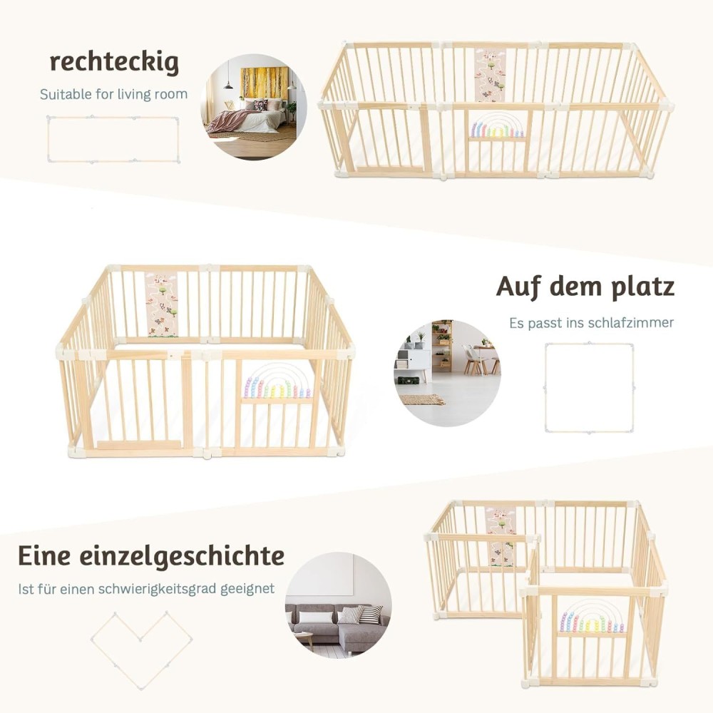Laufstall Baby Holz mit Spielcenter, Regenbogen – 146 x 146 x 61 cm