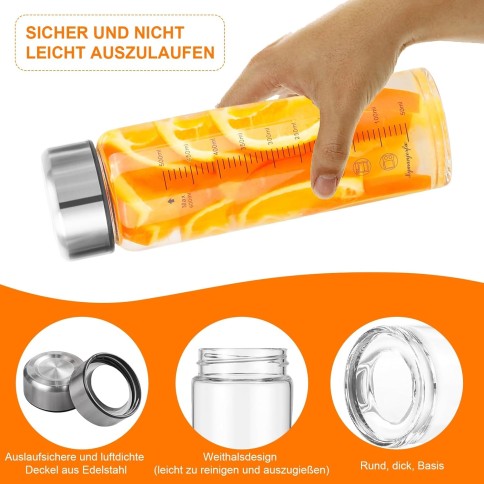 Glasflasche 600ml mit Deckel - 4er Pack
