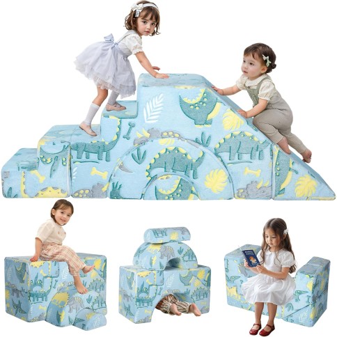 MeMoreCool Kindersofa Spielsofa – Modulares Klettersofa mit Rutsche und Treppe, Dino