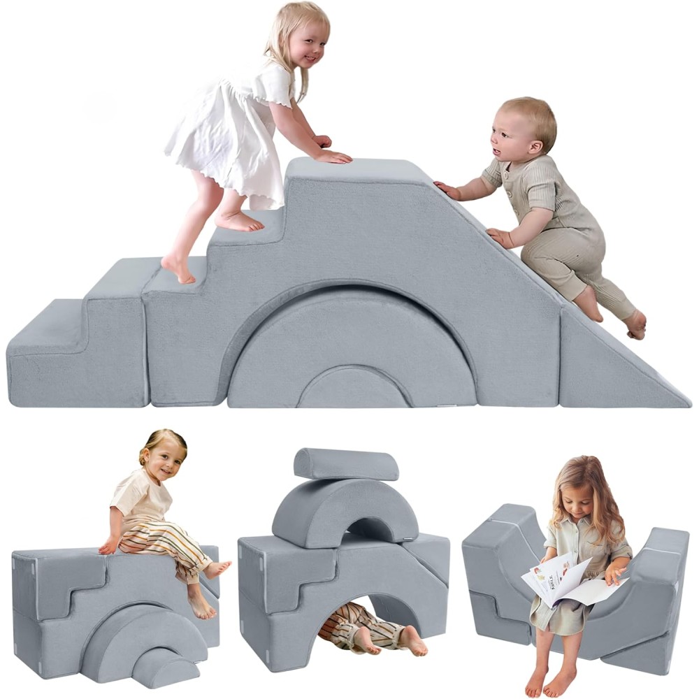 MeMoreCool Kindersofa Spielsofa – Modulares Klettersofa mit Rutsche und Treppe, Grau