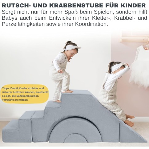 MeMoreCool Kindersofa Spielsofa – Modulares Klettersofa mit Rutsche und Treppe, Grau