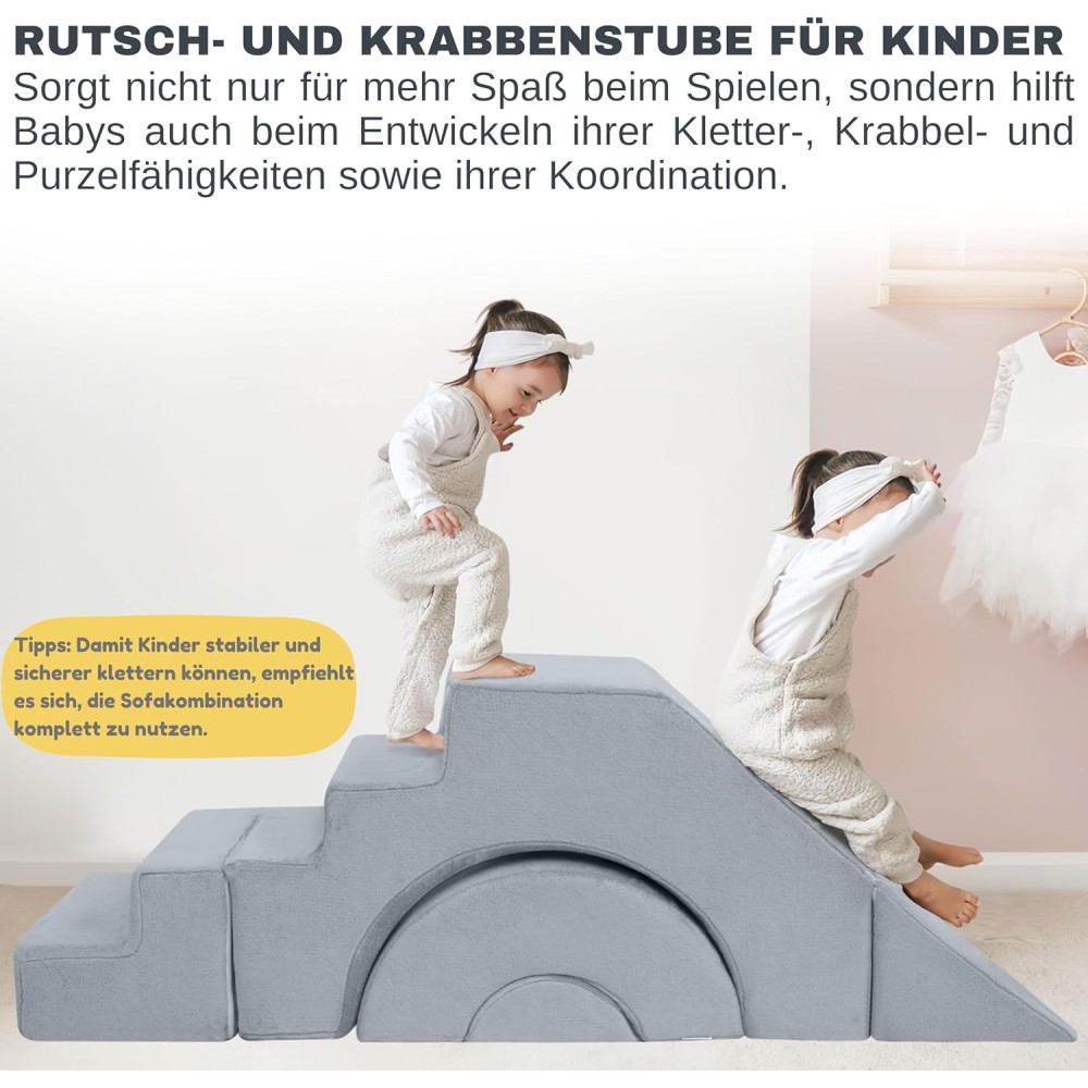 MeMoreCool Kindersofa Spielsofa – Modulares Klettersofa mit Rutsche und Treppe, Grau