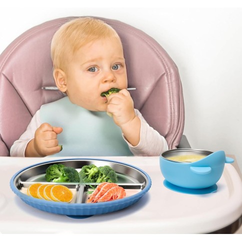 copie de 2 plaques pour enfants en silicone avec insert en acier inoxydable et 2 fourches bébé et 2 fourches, bleu