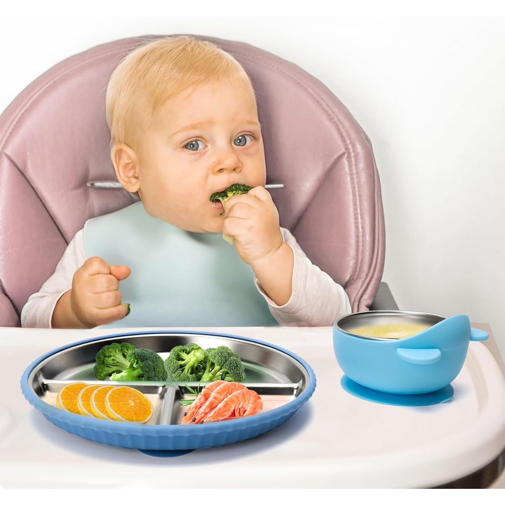 copie de 2 plaques pour enfants en silicone avec insert en acier inoxydable et 2 fourches bébé et 2 fourches, bleu