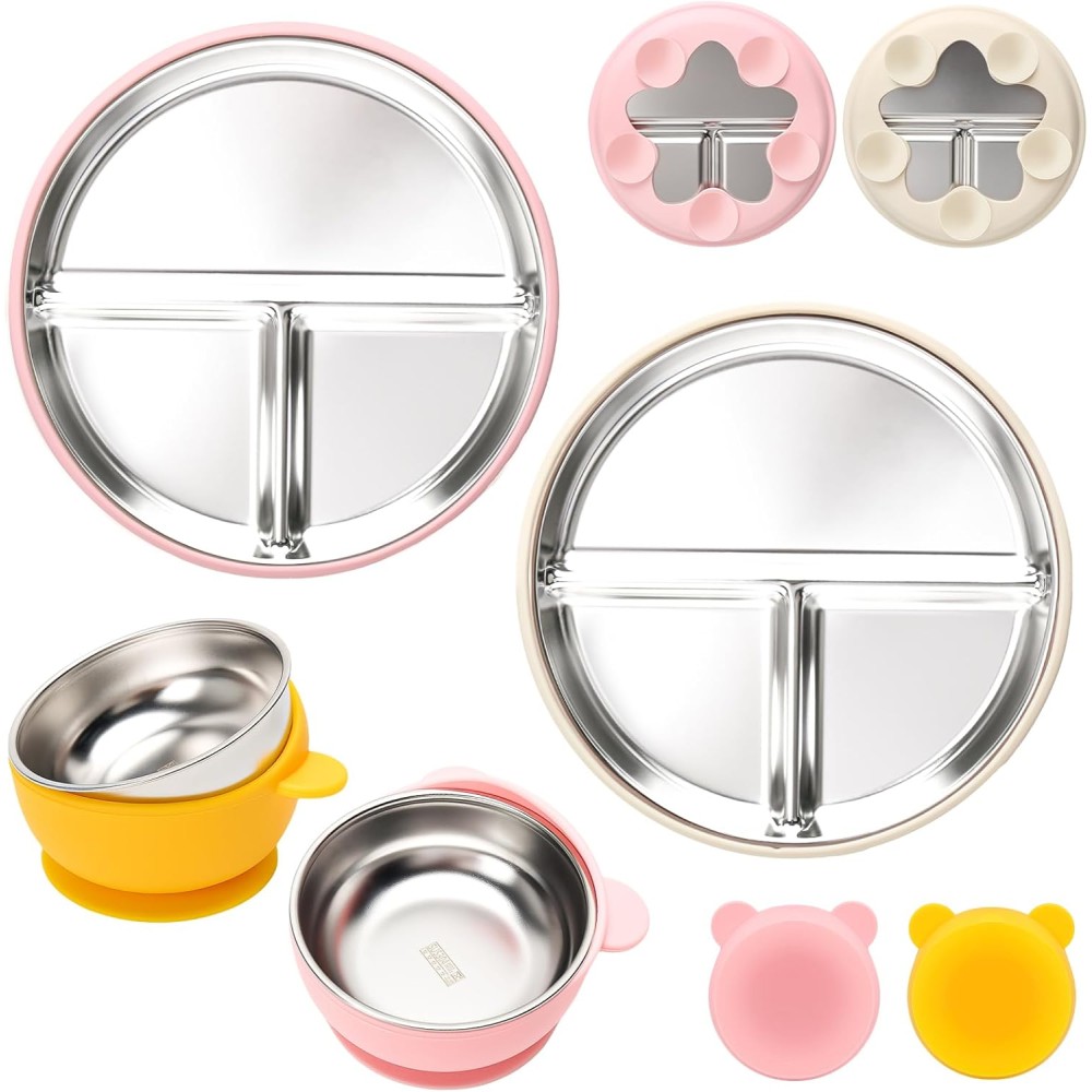 copie de 2 enfants en silicone avec insert en acier inoxydable et bol en acier inoxydable, bleu