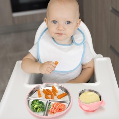 2er Set Silikon-Kinderteller mit Edelstahl-Einsatz & 2 Edelstahl Schüssel, Rosa