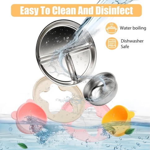 2er Set Silikon-Kinderteller mit Edelstahl-Einsatz & 2 Edelstahl Schüssel, Rosa