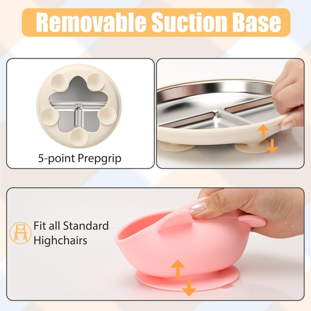 copie de 2 enfants en silicone avec insert en acier inoxydable et bol en acier inoxydable, bleu