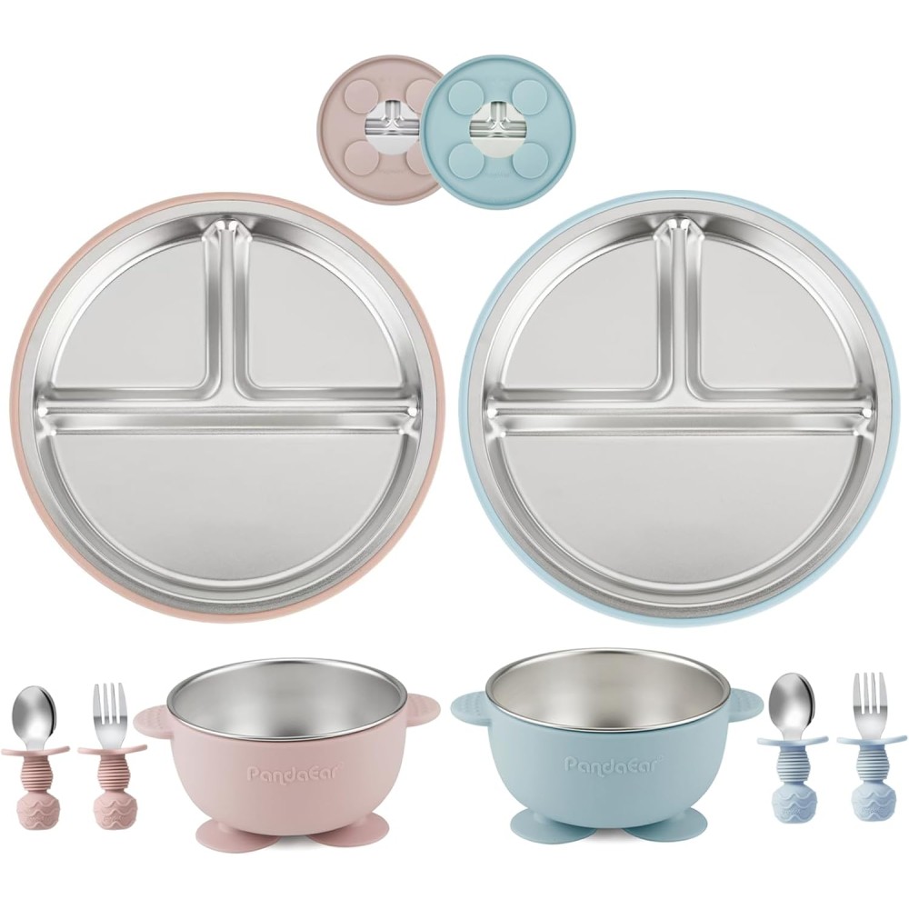 copie de 2 plaque d'enfants en silicone avec insert en acier inoxydable et bol en acier inoxydable, rose