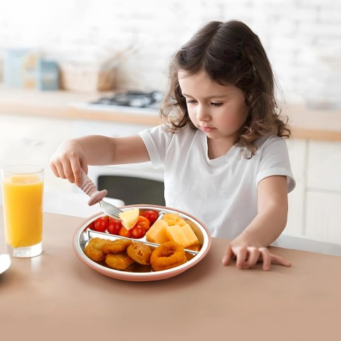 copie de 2 plaque d'enfants en silicone avec insert en acier inoxydable et bol en acier inoxydable, rose