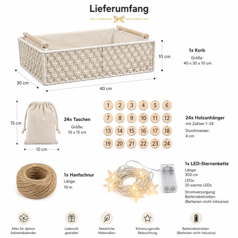 Boho Adventskalender zum Befüllen – mit 24 Stoffbeuteln & Sternen-Lichterkette