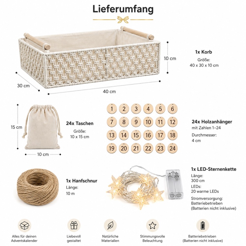 Boho Adventskalender zum Befüllen – mit 24 Stoffbeuteln & Sternen-Lichterkette