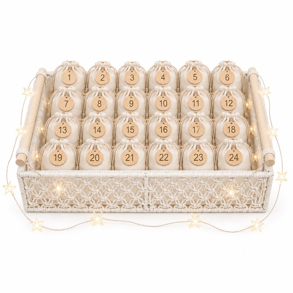 Boho Adventskalender zum Befüllen – mit 24 Stoffbeuteln & Sternen-Lichterkette