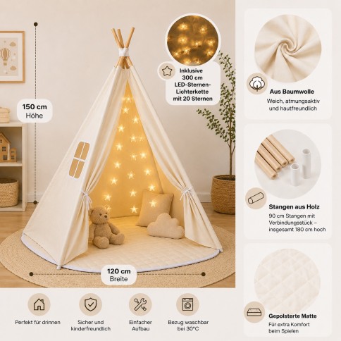 Enfants joue tente avec tapis et chaîne étoile à LED