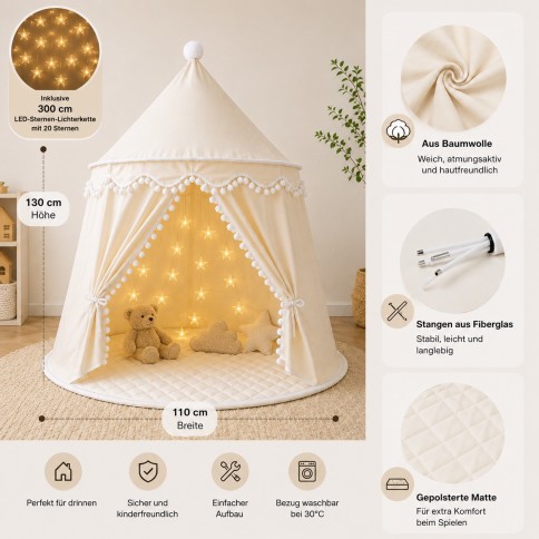 Enfants joue tente avec tapis et chaîne étoile à LED