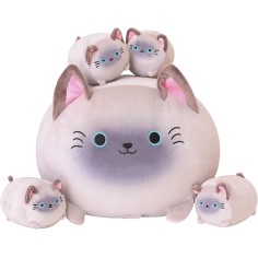 Plüsch Mama Katze + 4 Kätzchen, Siamesische Katze - 40 cm