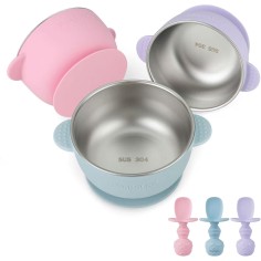 3er Set Silikon-Kinderschalen mit Edelstahl-Einsatz mit Besteck, Rosa