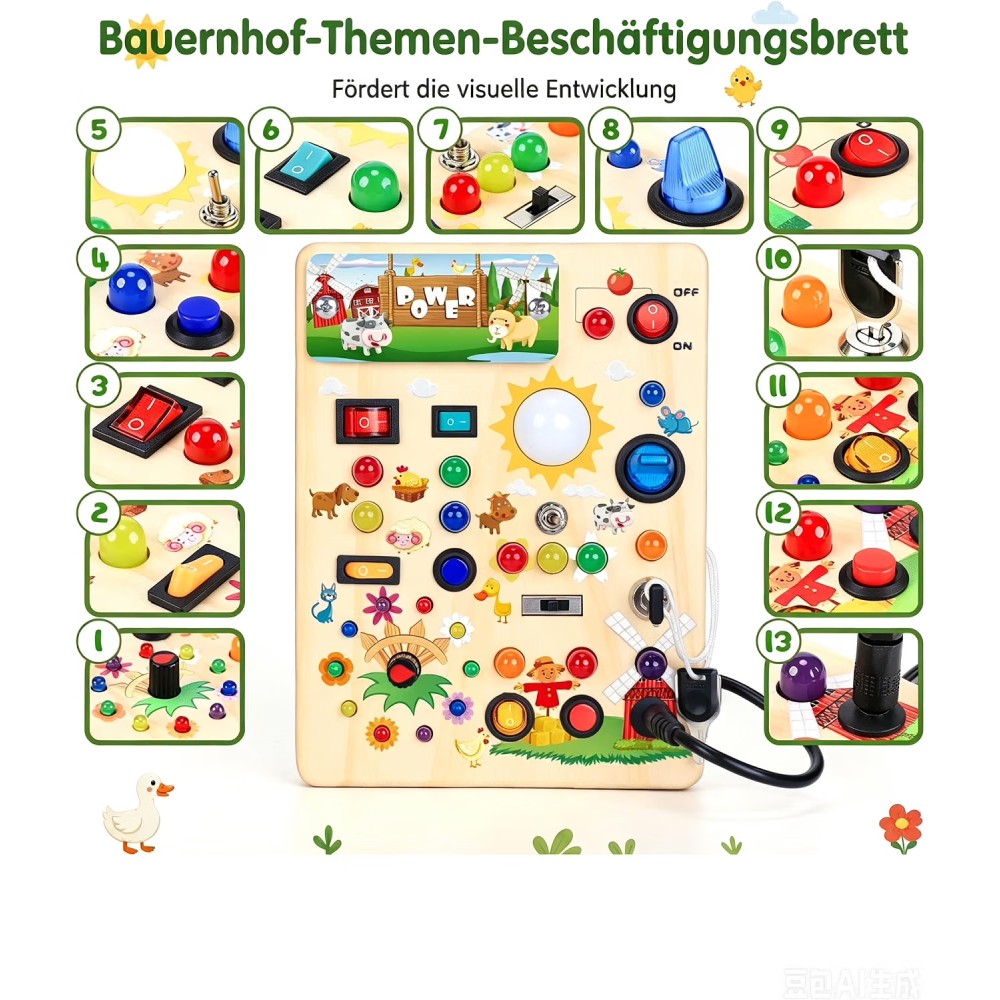 Montessori Activity Board aus Holz mit Licht, Bauernhof - 1