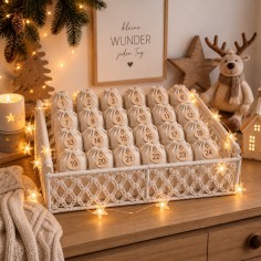 Boho Adventskalenderkorb zum Befüllen – mit 24 Stoffbeuteln & Sternen-Lichterkette