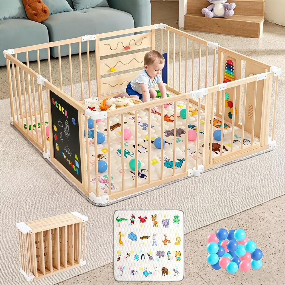 Spylave Laufstall Baby Holz mit Spielcenter, Matratze – 150 x 150 x 60 cm
