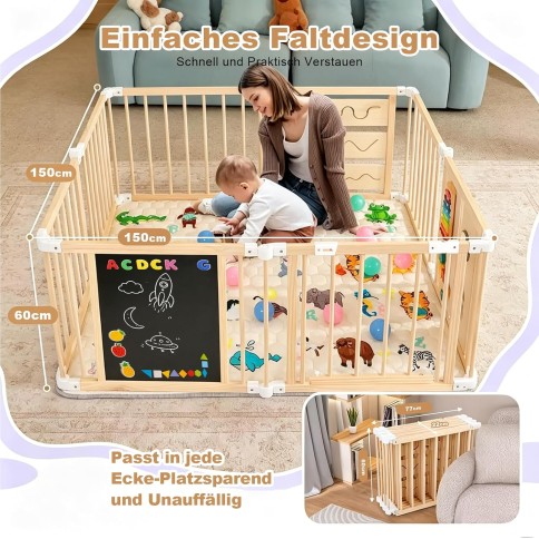 Spylave Laufstall Baby Holz mit Spielcenter, Matratze – 150 x 150 x 60 cm
